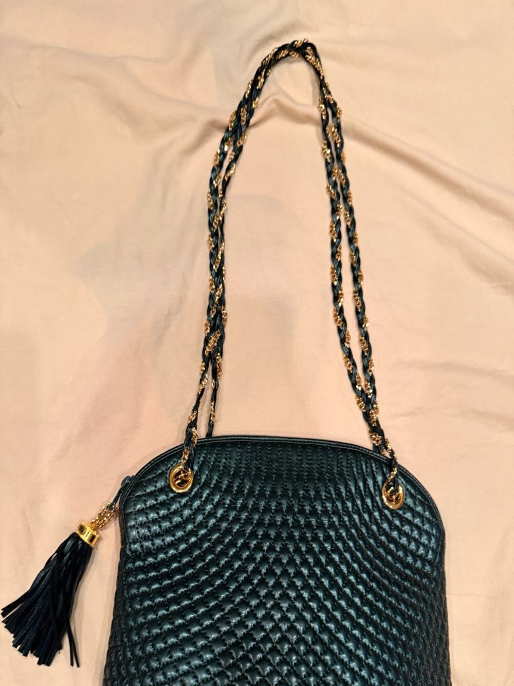 Vintage Bally Dark Green Quilted Leather Shoulder Bag with Chain Strap & Tassel